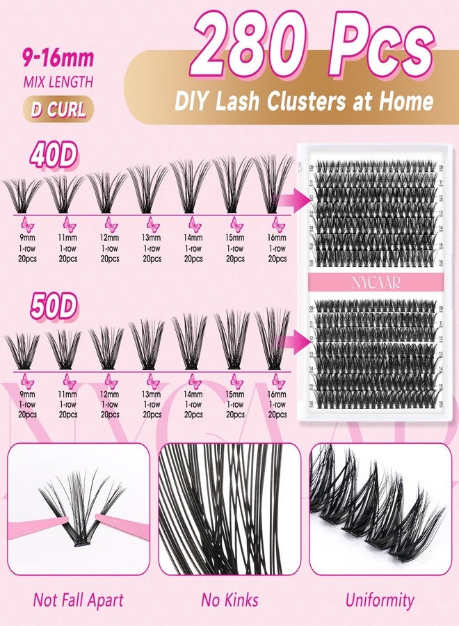 NYCAAR DIY Lash Extension Kit 280Pcs Individual Eyelash Extension Kit 40D50D 0.07D Curl 9-16MIX Lash Clusters Kit with Lash Glue Remover Applicator Easy to Use for Beginners - Image 4